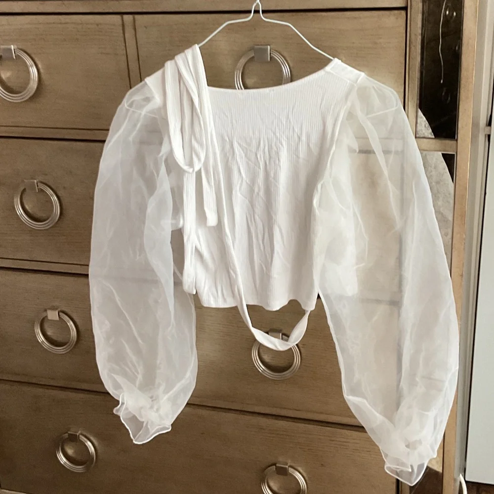 Zara White Sheer Organza Puff-Sleeve Tie-Front Top